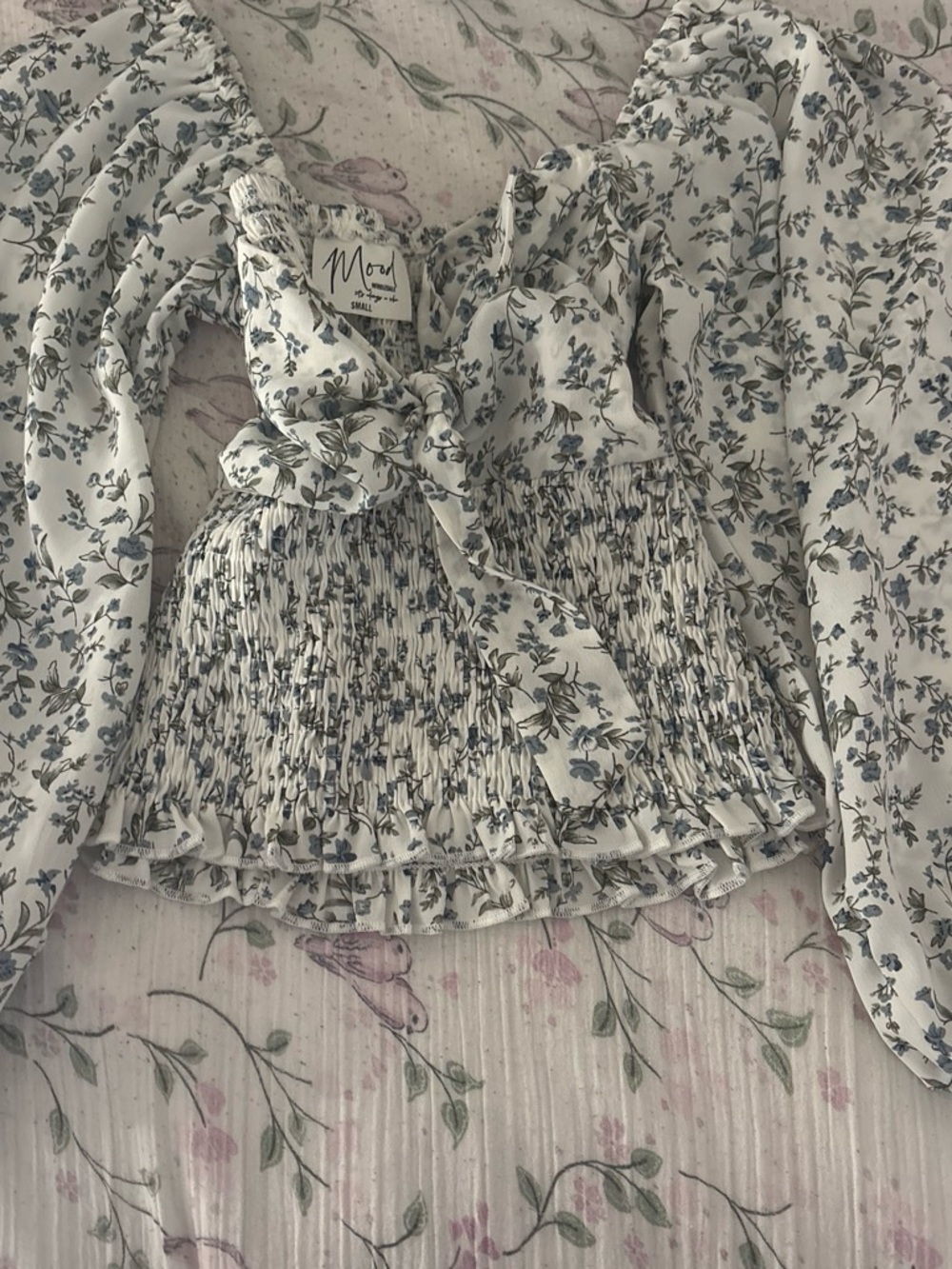 Moss Smocked White Floral Tie-Front Blouse
